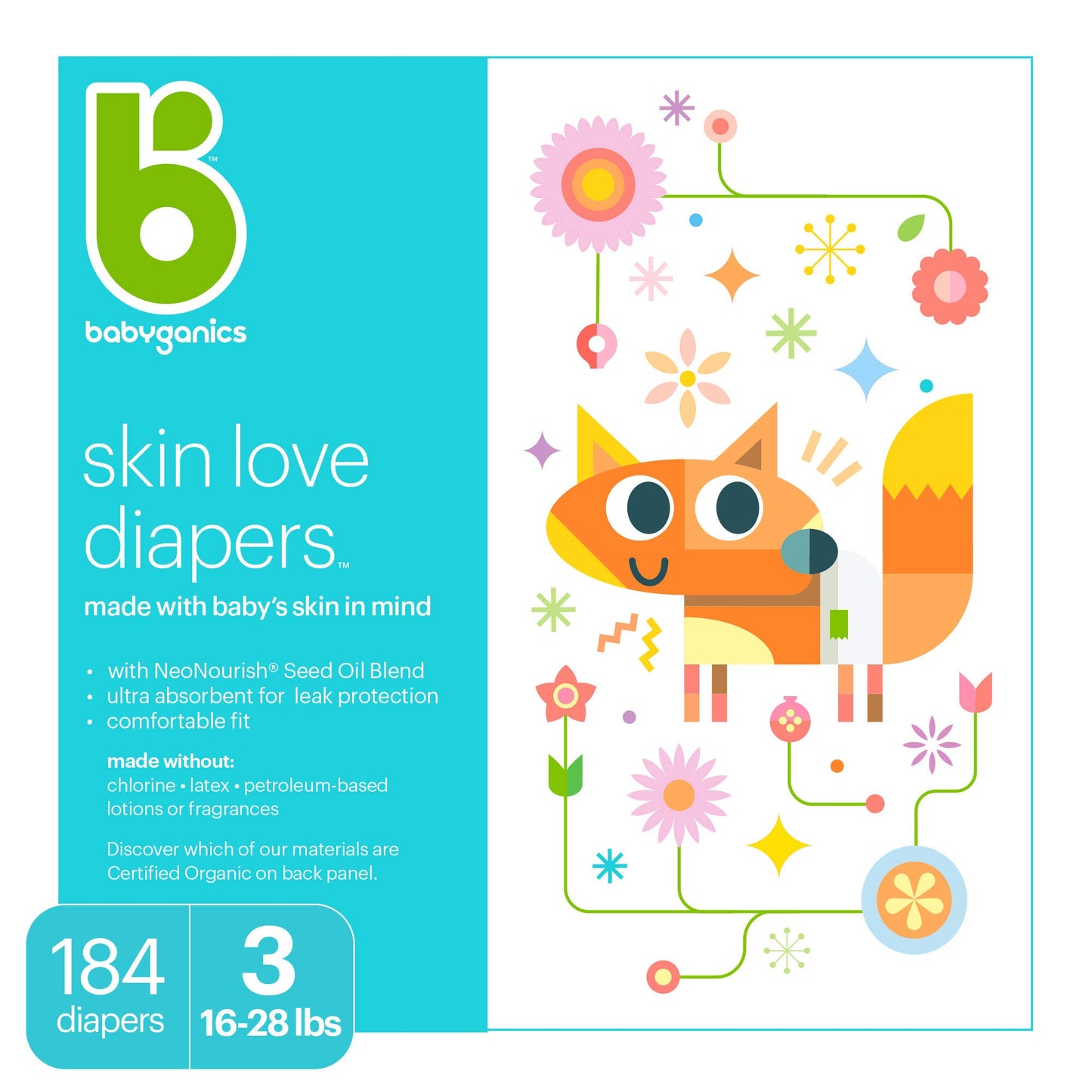 Babyganics Baby Diapers, Size 3 (16-28 lbs) 184 Count- Ultra Absorbent, Unscented, Made without Chlorine, Latex