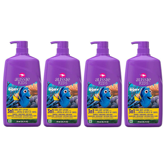 Aussie Kids 3 In 1 Shampoo + Conditioner + Body Wash, 26.2 Fl Oz (Pack of 4)