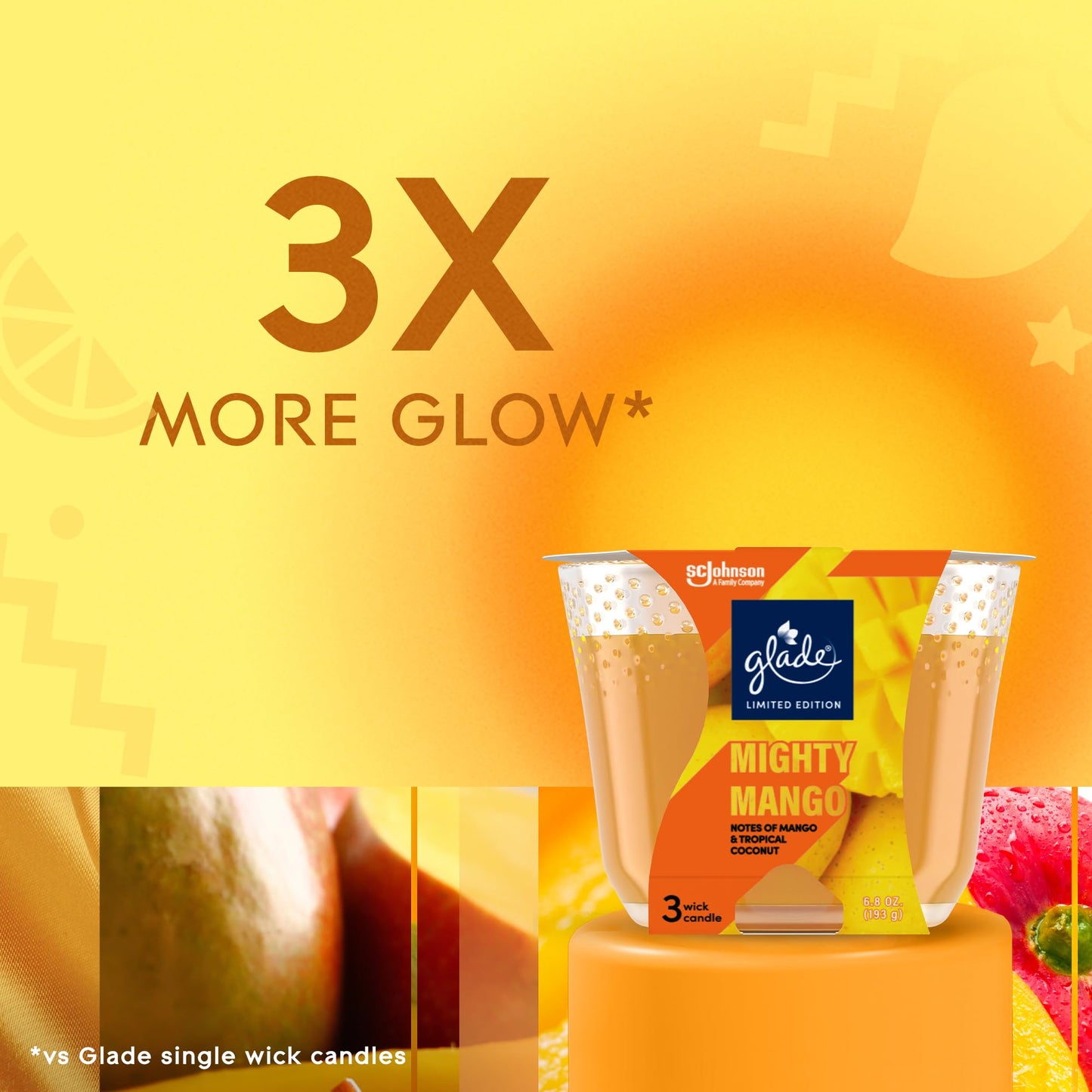 Glade 3-Wick Scented Candle Jar, Mighty Mango, Air Freshener Infused with Essential Oils, 6.8 Oz, 3 Count