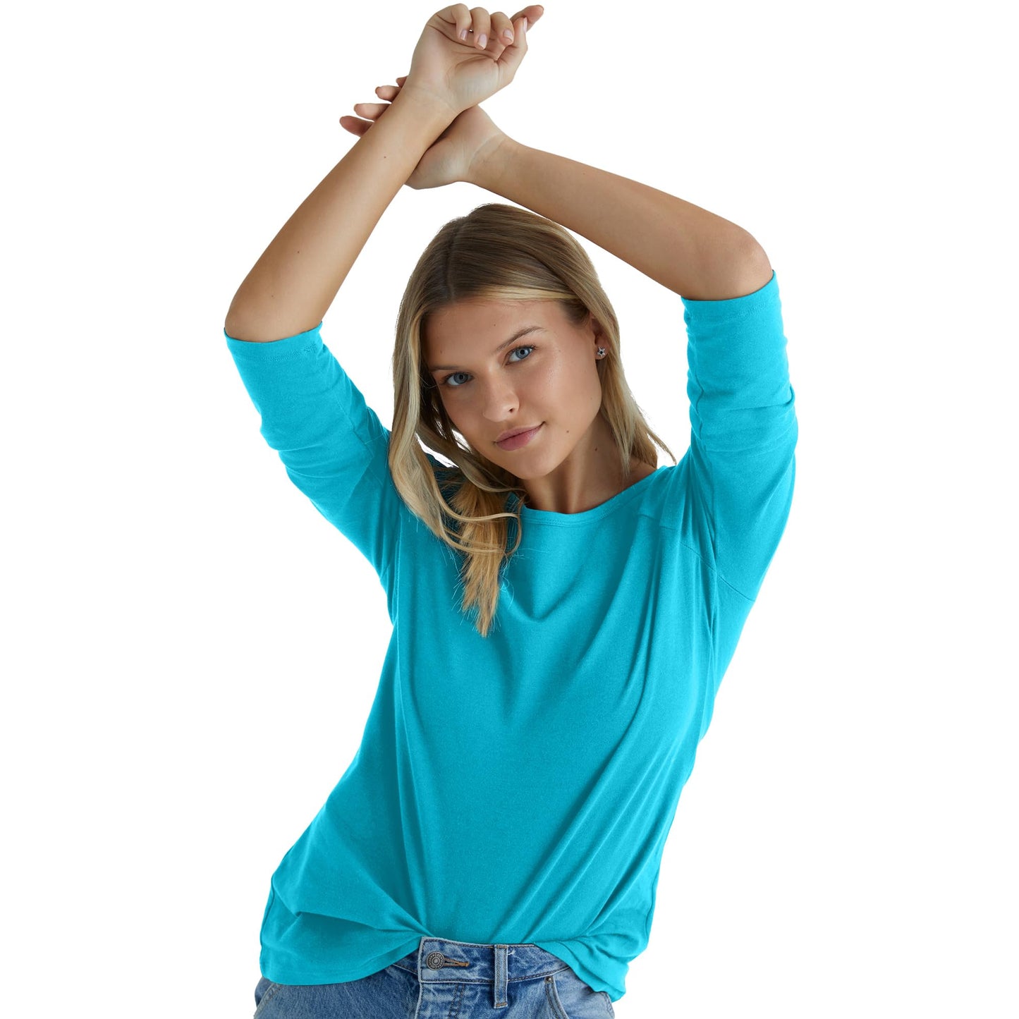 Hanes Women's Stretch Cotton Raglan Sleeve Tee, Flying Turquoise, Medium