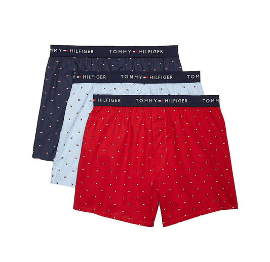 Tommy Hilfiger Men`s Woven Cotton Slim Fit Boxers 3 Pack (Red(09TV100 -938)/Blue, l)