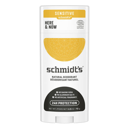 Schmidt's Aluminum Free Natural Deodorant for Women and Men, Here + Now for Sensitive Skin with 24 Hour Odor Protection, Certified Cruelty Free, Vegan Deodorant,3.25 Ounce (Pack of 3)