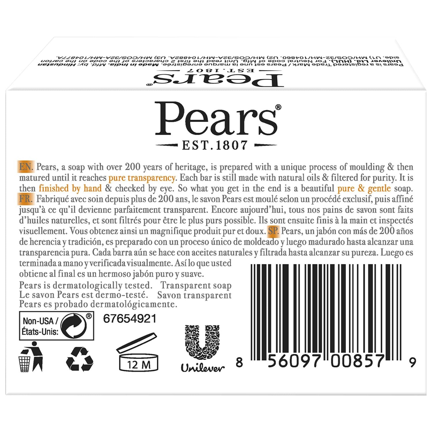 PEARS Glycerin Soap, Transparent Amber with Natural Oils, 6-Pack - Pure & Gentle Cleanser for Soft, Glowing Skin, 4.4 Oz Ea