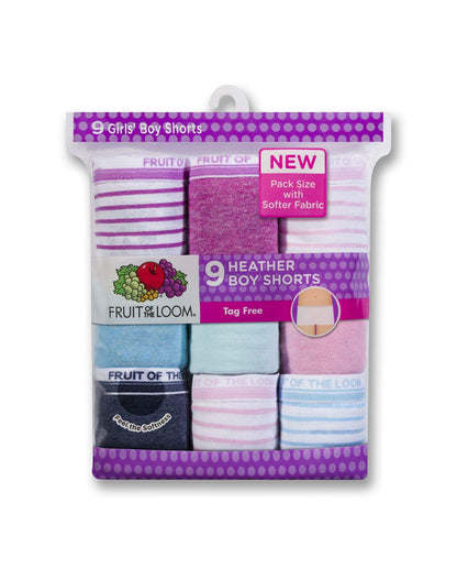 Fruit of the Loom Girl's 9 Pack Boyshort Underwear, 4, Assorted Heathers