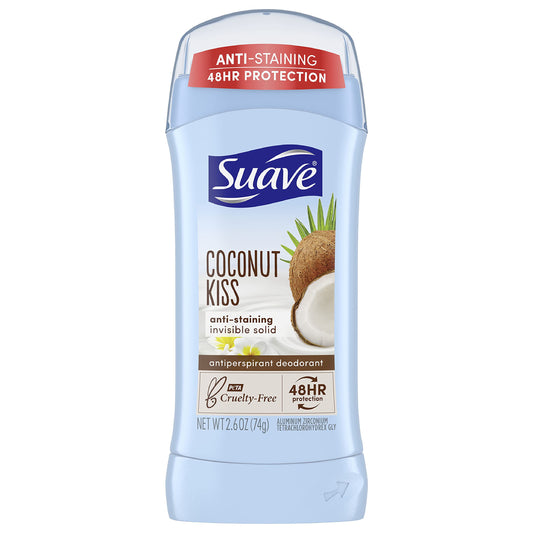 Suave Antiperspirant Deodorant for Women, Coconut Kiss 6-Pack - Anti-Staining Invisible Solid Sticks, Talc-Free, 1.2 Oz Ea