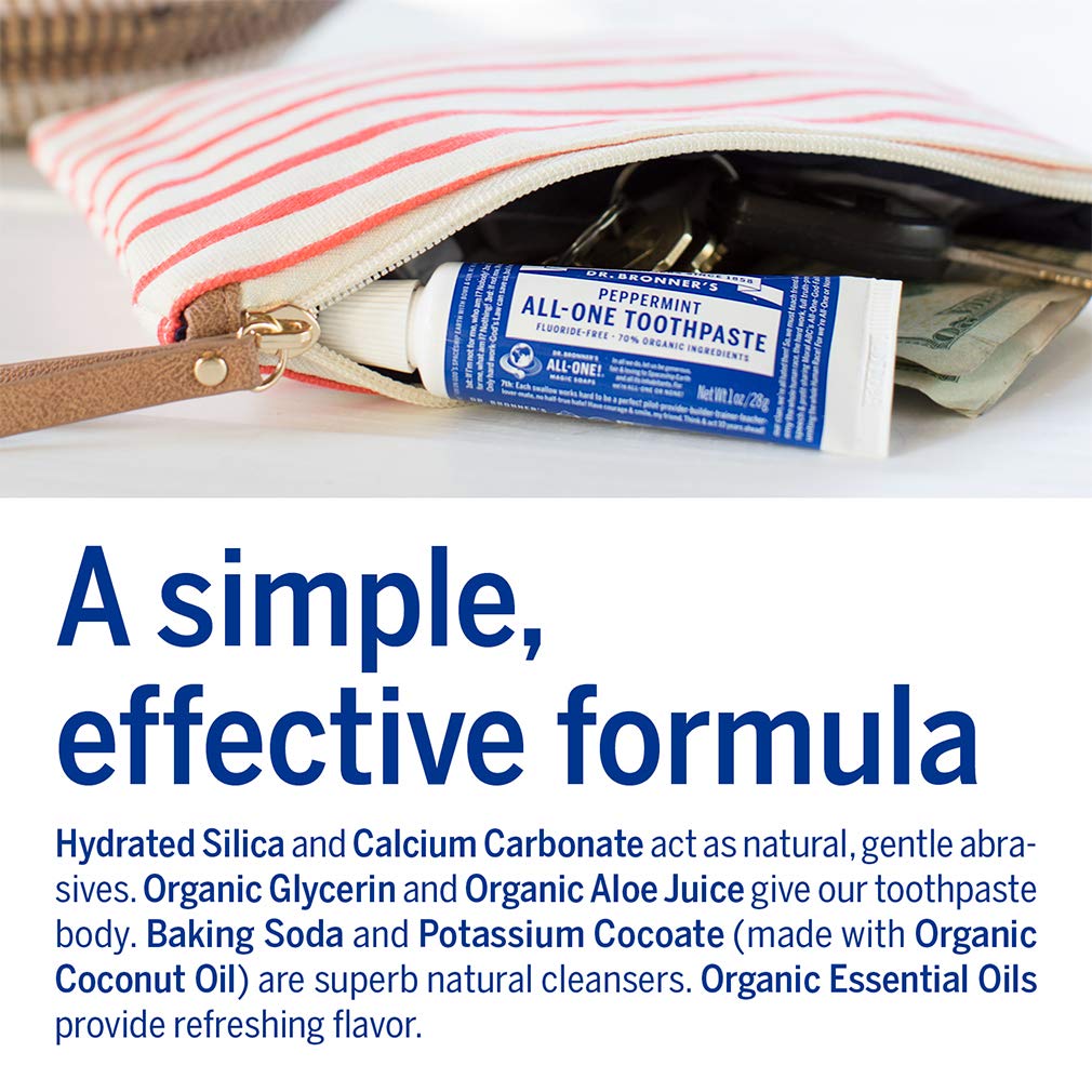 Dr. Bronner’s - All-One Toothpaste (Peppermint, 1 Ounce, 3-Pack) - 70% Organic Ingredients, Natural and Effective, Fluoride-Free, SLS-Free, Helps Freshen Breath, Reduce Plaque, Whiten Teeth, Vegan