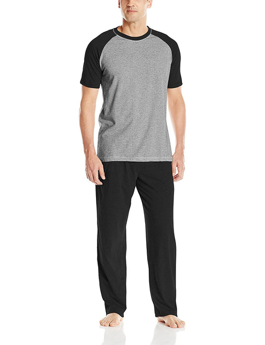 Hanes Men's Adult X-Temp Short Sleeve Cotton Raglan Shirt and Pants Pajamas Pjs Sleepwear Lounge Set - Black (Medium)