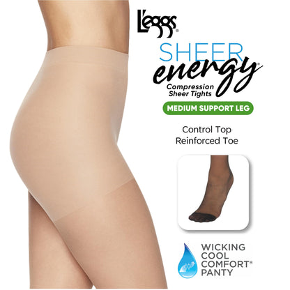 L'eggs Sheer Energy Medium Support Women's Compression Tights, Control Top, Reinforced Toe, Suntan, Size Q (Pack of 1)