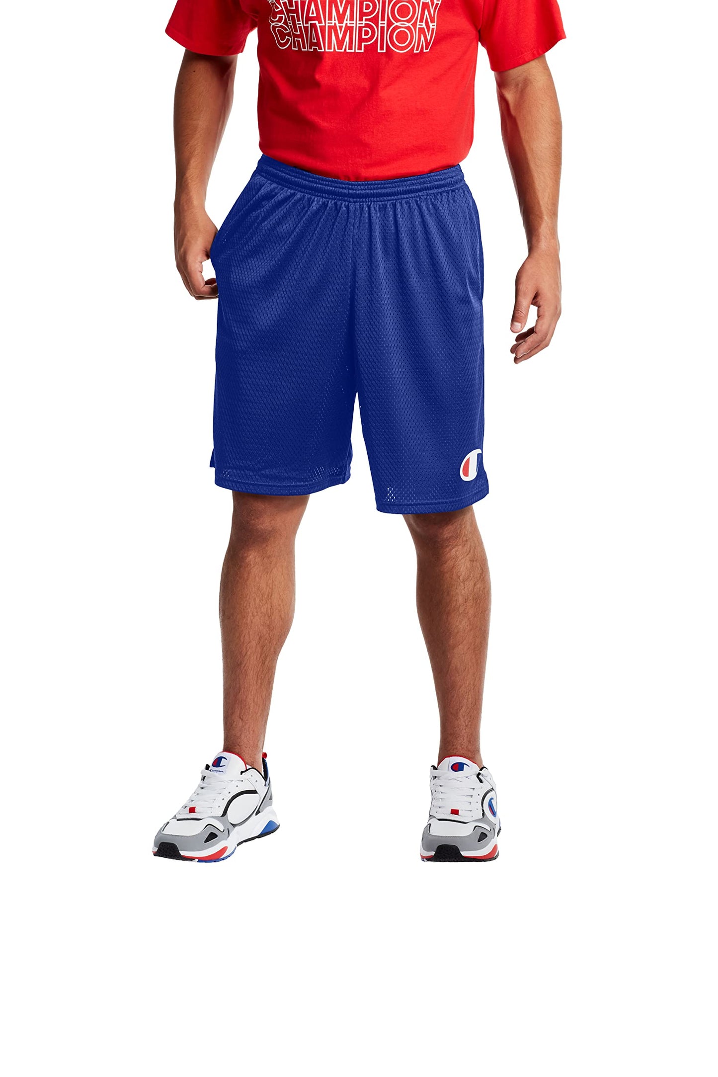 Champion Men's Long Mesh Short with Pockets,Light blue,Small
