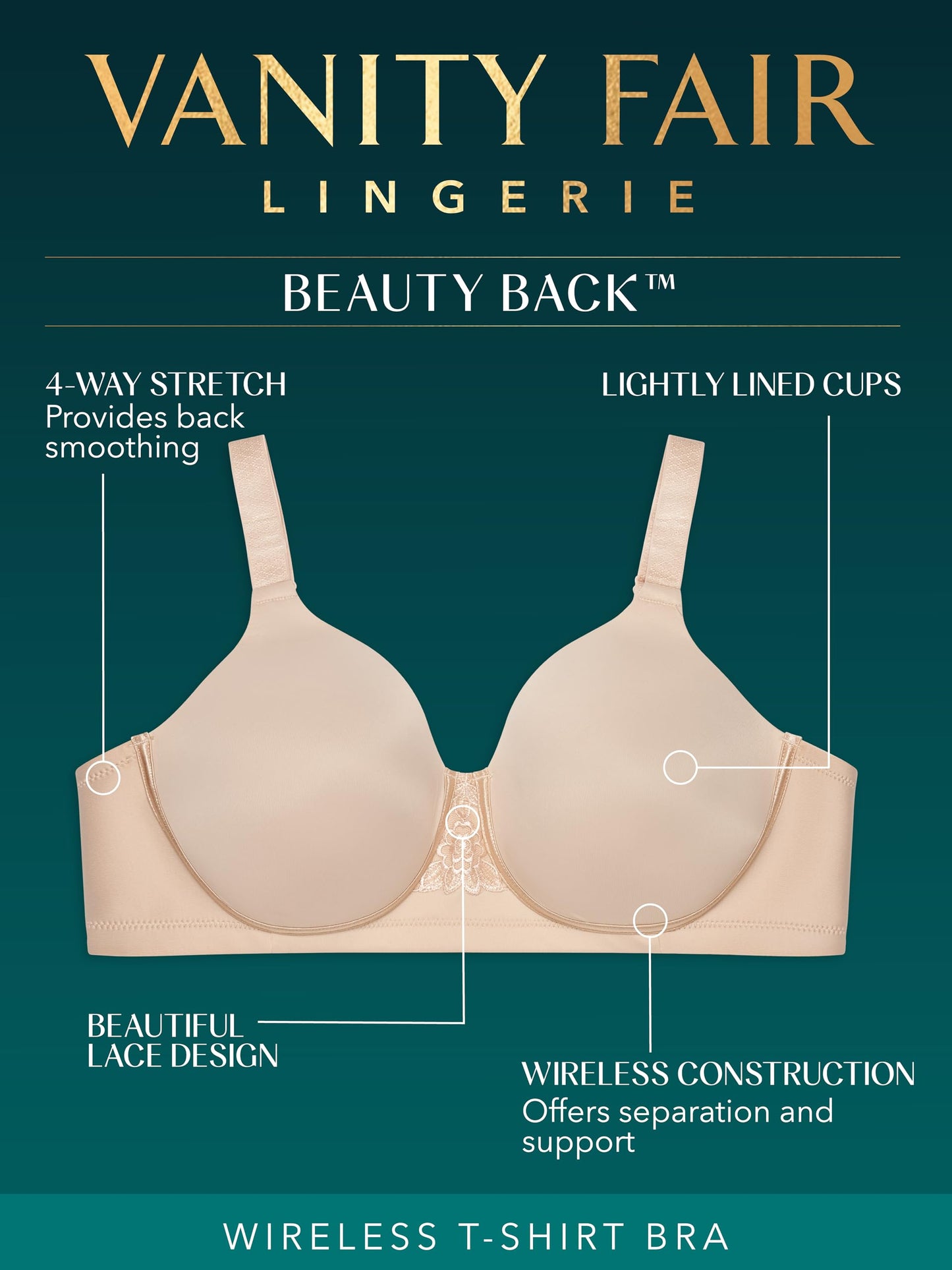Vanity Fair Women's Full Figure Beauty Back Smoothing Bra, 4 Way Stretch Fabric, Lightly Lined Cups up to H, Wirefree-Blue Harbor, 46D
