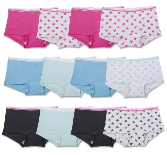 Fruit of the Loom Girls' Assorted Boyshort Underwear (12 Pack - Heather Assorted, 14)