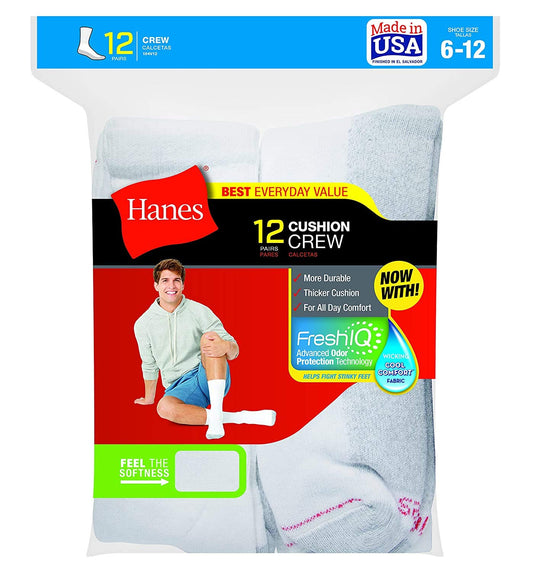 Hanes Mens Crew Socks, White, 10-13/Shoe Size 6-12 12 Pairs, White