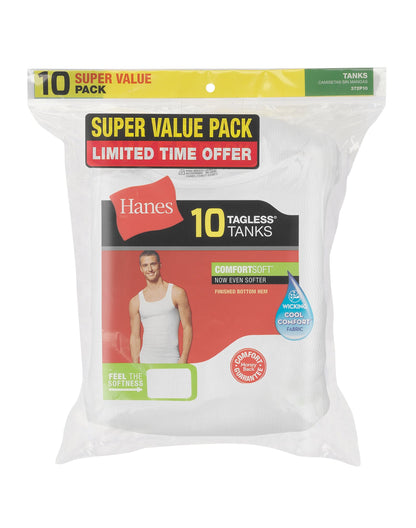 Hanes Men's White Undershirt Super Value 10-Pack, Best Cotton Tank Tops, Stay-Tucked