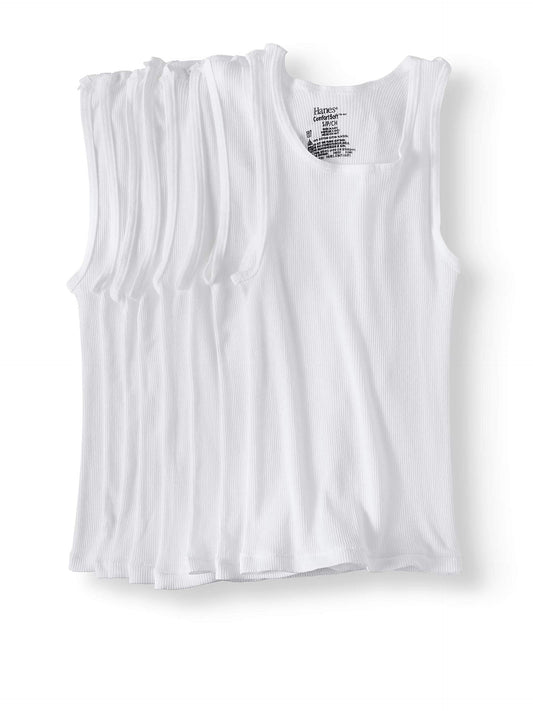 Hanes B372N8 Boys' 100 Percent Cotton Tagless Tanks A-Shirts White L 8-Pack