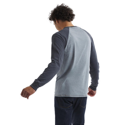 Hanes mens Beefy Long Sleeve Three-button Henley Shirt, Oxford Gray/Navy Heather, Large US