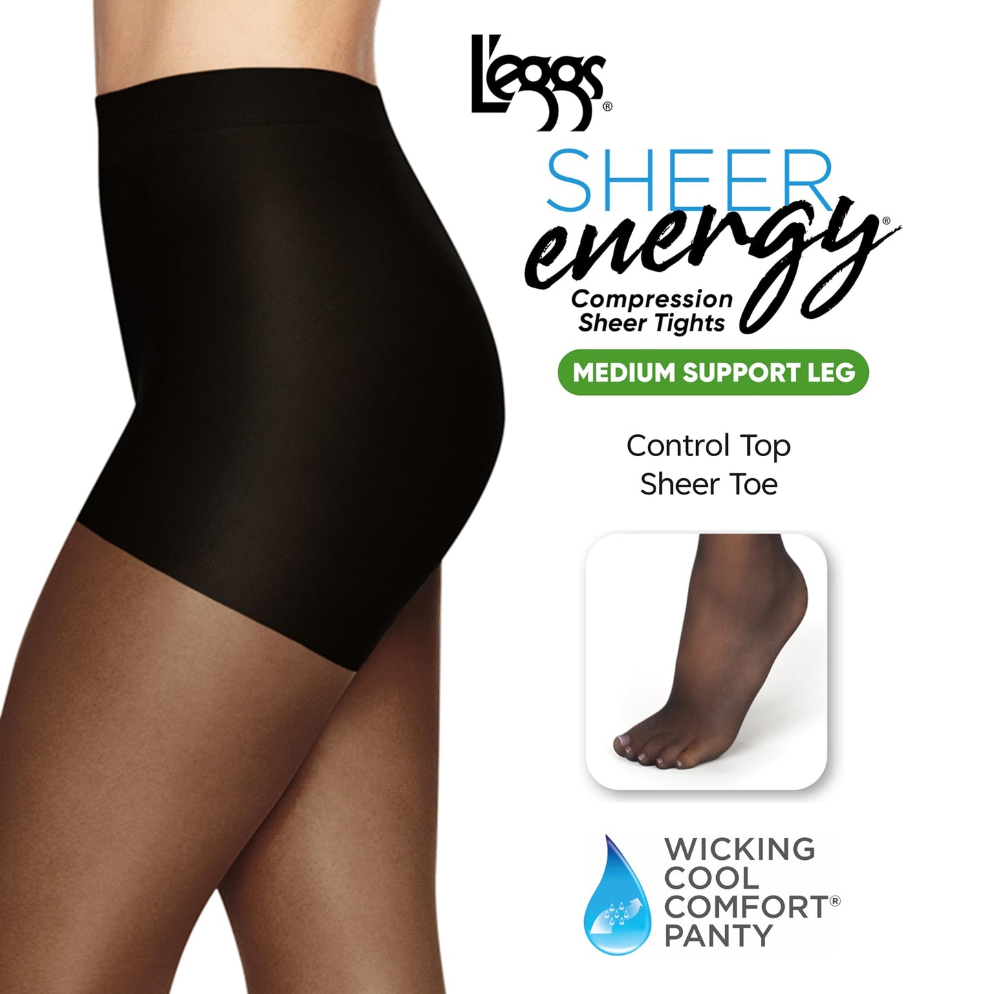 L'eggs Sheer Energy Medium Support Tights, Control Top, Sheer Toe, Off Black, Size B (Pack of 3)