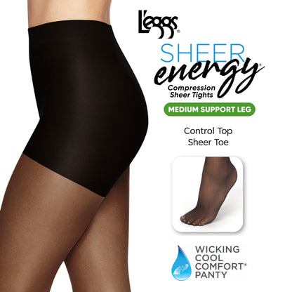 L'eggs Sheer Energy Medium Support Tights, Control Top, Sheer Toe, Off Black, Size B (Pack of 3)