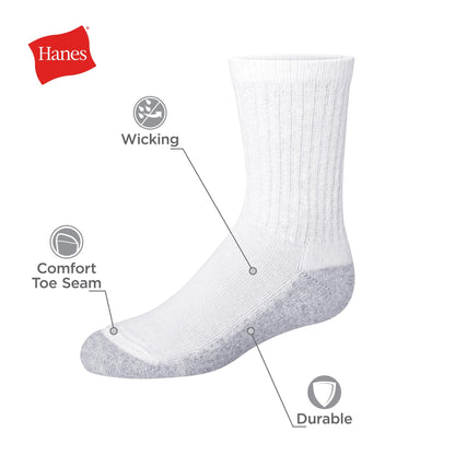 Hanes Boys' Big Uniform Crew, Moisture-Wicking Socks, Cushioned Foot Bottoms, 10-Pairs, White-12 Pack, Medium