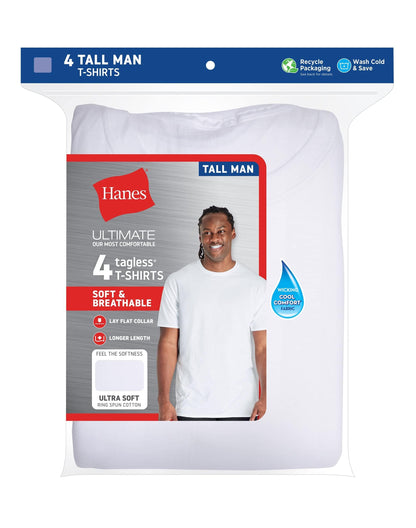 Hanes Mens Ultimate Tall Soft and Breathable Crewneck Undershirt 4-Pack, LT White