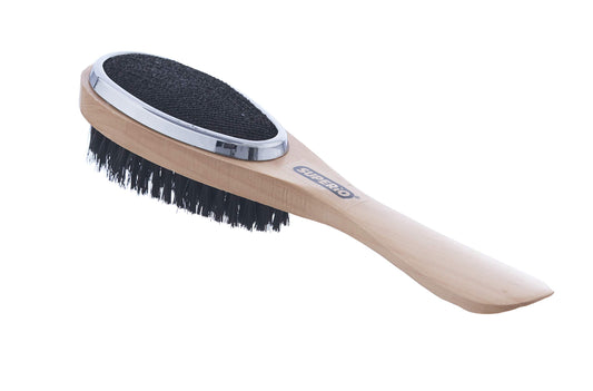 Superio 3 in 1 Lint Brush and Shoe Horn for Suit, Wool Coat, Sweaters, Shoes - Double Sided Portable Pet Hair Remover with Wood Handle