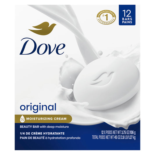 Dove Beauty Bar Soap 12 Bars Original, for Soft, Smooth Skin, with 1/4 Moisturizing Cream 3.75 oz