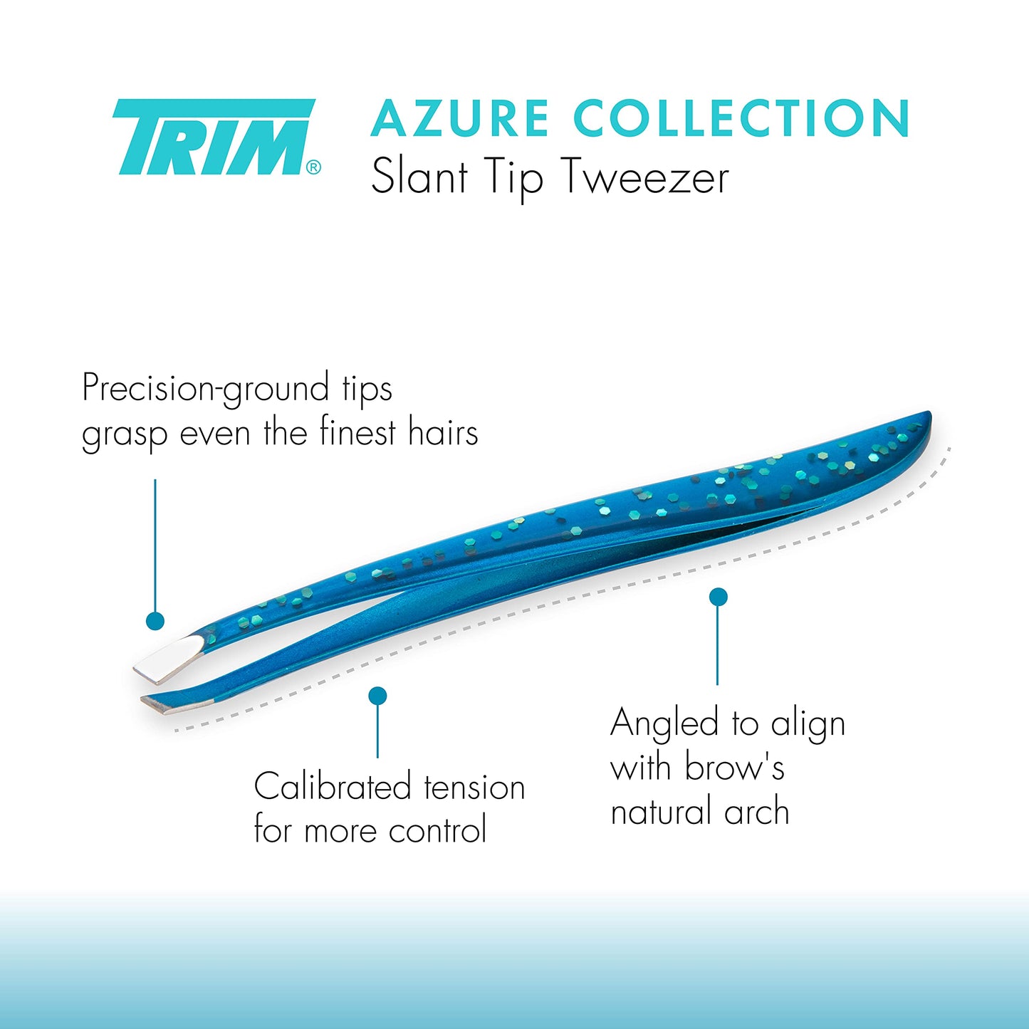 TRIM Azure Collection Slant Tip Tweezer - Precision-Ground Tips Grasp Even The Finest Hairs - Angled to Align with The Brow's Natural Arch - Calibrated Tension for More Control - Stainless Steel
