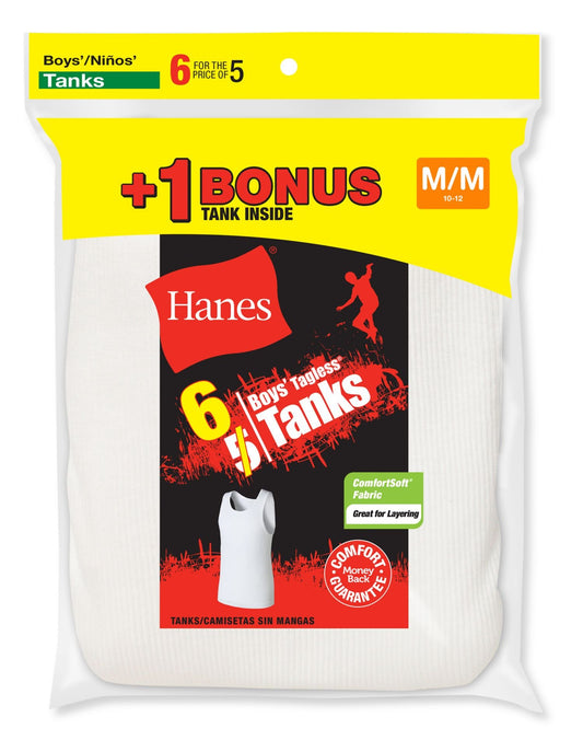 Hanes Boys` TAGLESS ComfortSoft 6-Pack A-Shirt, B372A6, XL, White