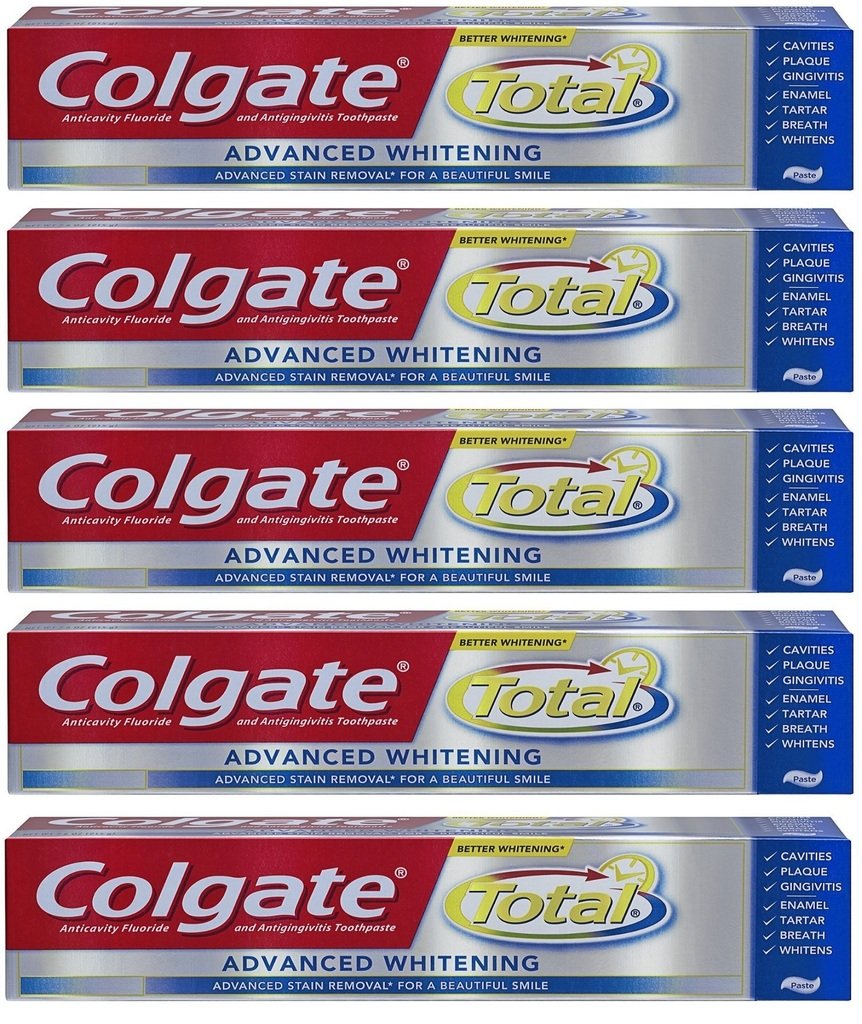 (PACK OF 5 TUBES, 40oz TOTAL) Colgate Total ADVANCED WHITENING Toothpaste. Whitens Teeth & Removes Surface Stains with Advanced Whitening Ingredients! (Pack of 5 Tubes, 8.0oz each Tube)