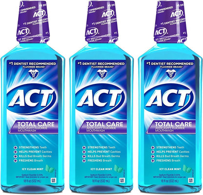 ACT Total Care Anticavity Fluoride Mouthwash ICY Clean Mint 18 oz (Pack of 4)
