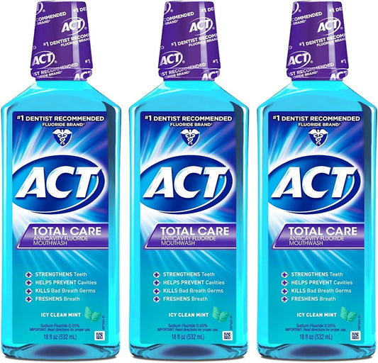 ACT Total Care Anticavity Fluoride Mouthwash ICY Clean Mint 18 oz (Pack of 4)
