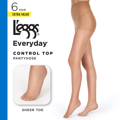 L'eggs Everyday Control Top Sheer Toe Pantyhose for All Day Comfort, 100% Nylon, Off Black, Size Q (Pack of 6)