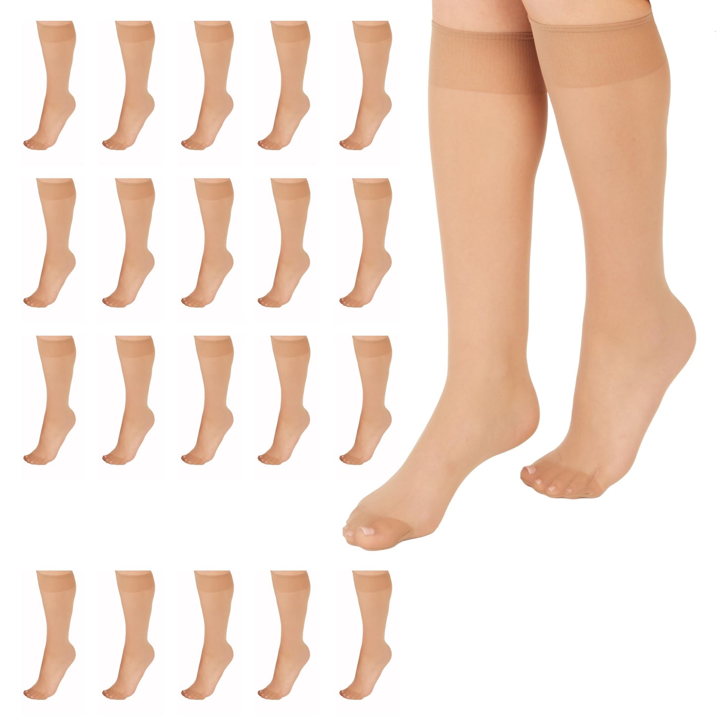 L'eggs Women's Everyday Knee High Stockings, Reinforced Toe, 100% Nylon, Nude, One Size (Pack of 20)