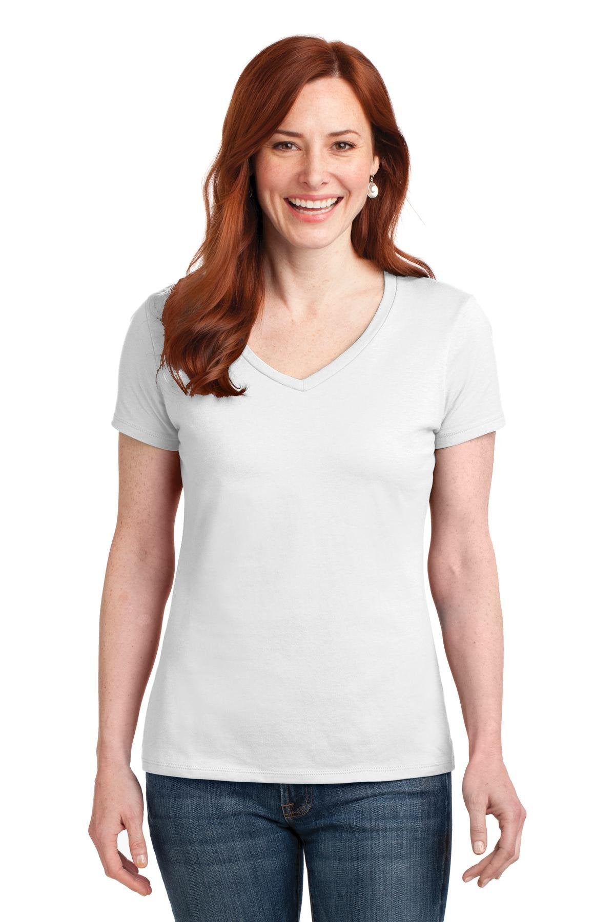 Hanes Ladies Perfect-T Cotton V-Neck T-Shirt. ,WHITE,XS
