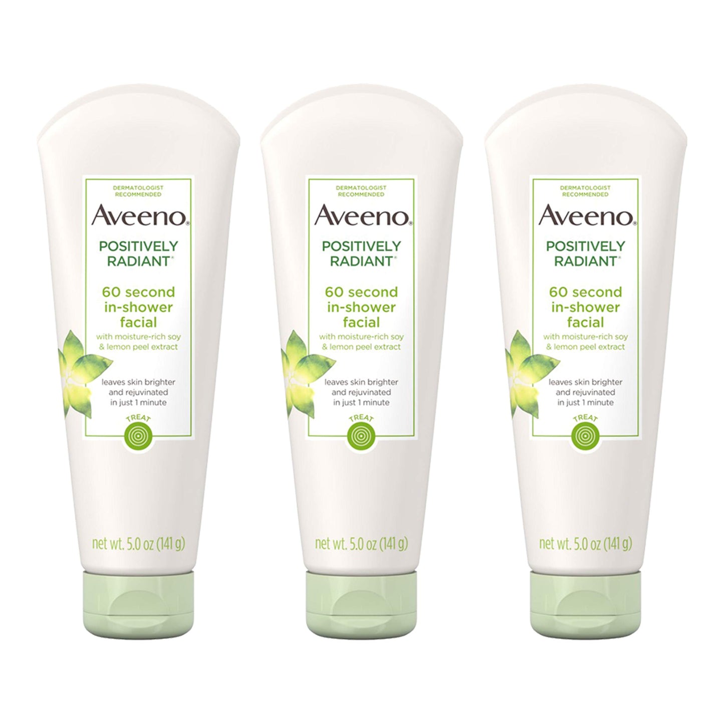 Aveeno Positively Radiant 60 Second In-Shower Facial Cleanser, Brightening Mask With Moisture-Rich Soy, Lemon Peel Extract, Glycolic Acid, and Kaolin Clay, 5 oz (Pack of 3)
