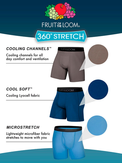 Fruit of the Loom Men's 360 Stretch Boxer Briefs (Quick Dry & Moisture Wicking), Cooling Channels-6 Pack-Colors May Vary, X-Large