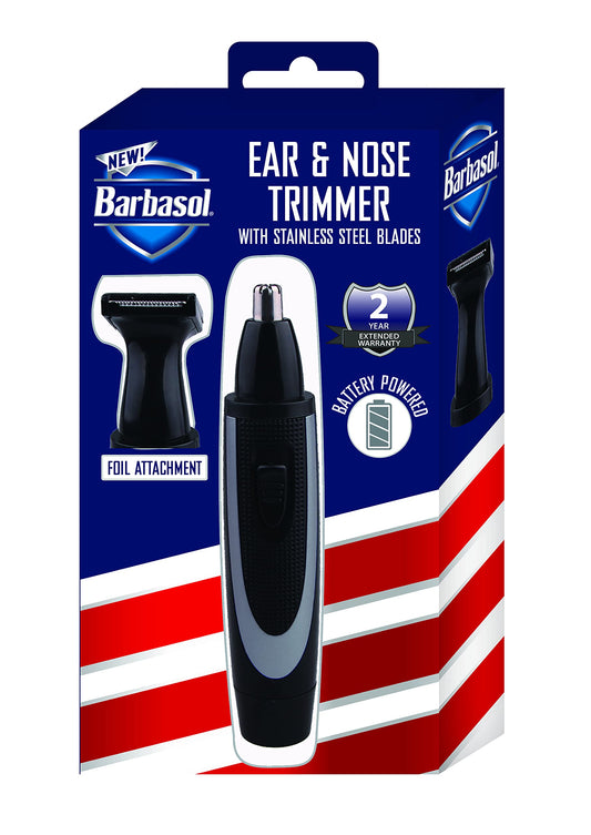 Barbasol Battery Powered Electric Ear and Nose Trimmer With Stainless Steel Blades, Foil Attachment, Detail Trimmer and Stand