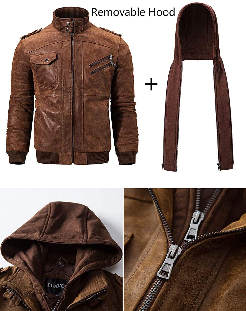 FLAVOR Men Leather Motorcycle Jacket With Removable Hood Brown Pigskin (XL Tall, Brown)