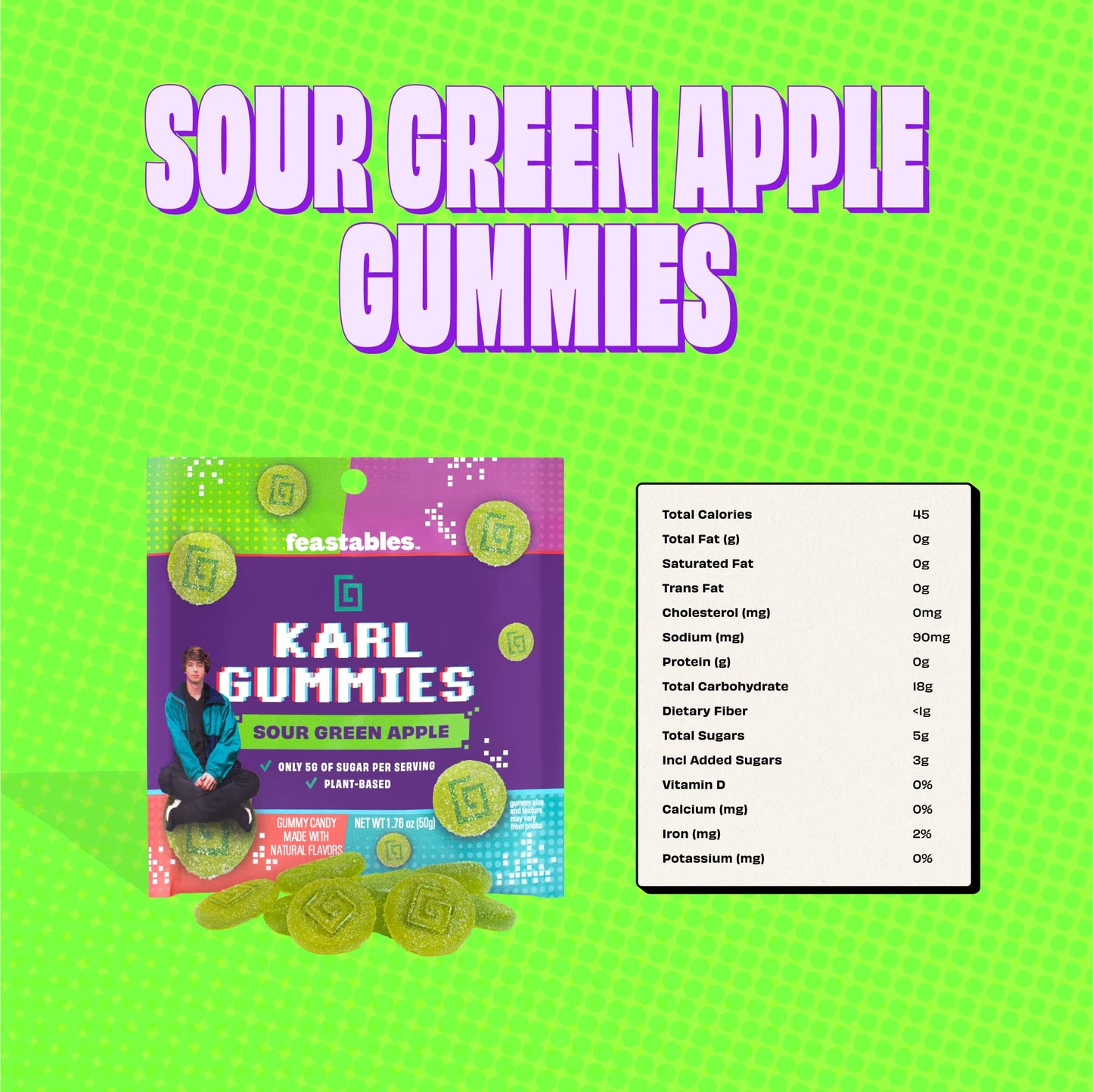 Feastables MrBeast Karl Gummy Sour Candy - Green Apple - 1.76 oz Bag (Pack of 8)
