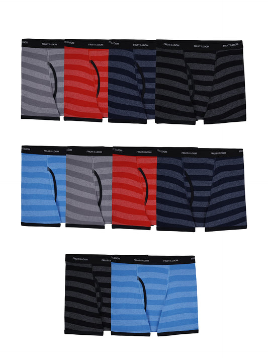 Fruit Of The Loom Mens Cotton Boxer Brief Underwear Traditional Fly Stripes Assorted SM (6-8 Little Kid/Big Kid), Small, Pack of 10