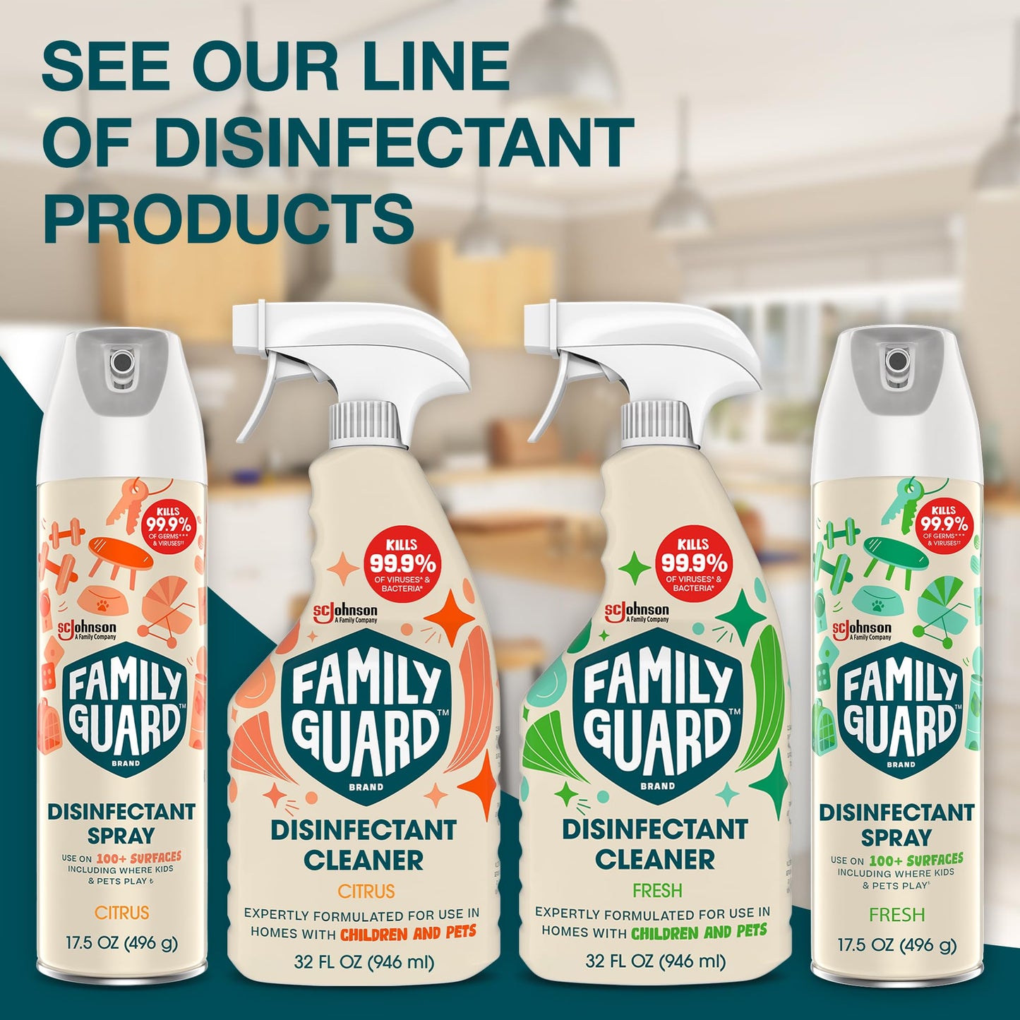 FAMILYGUARD Brand Disinfectant Spray Trigger & Multi Surface Cleaner, Antibacterial Spray, Expertly Formulated for Use In Homes with Children & Pets, Citrus Scent, 32 oz (Pack of 3)