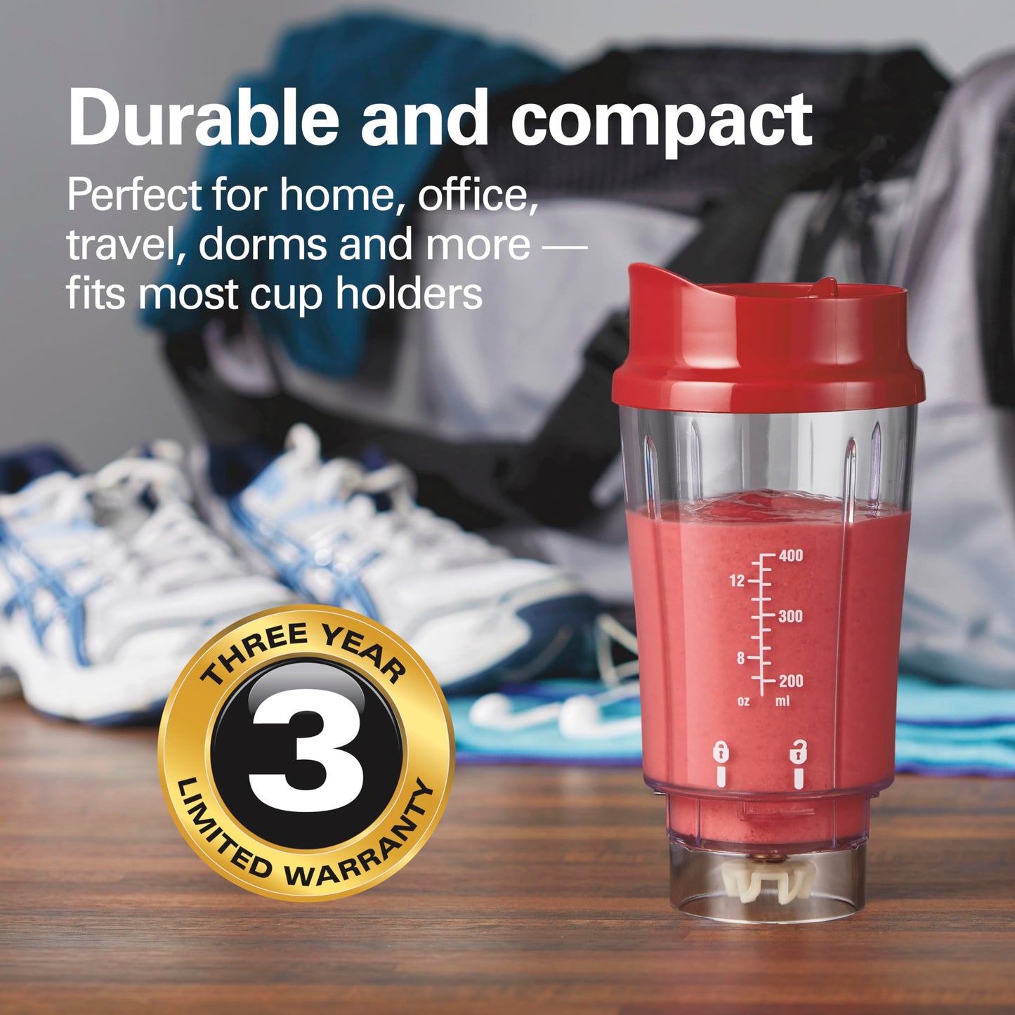 Hamilton Beach Portable Blender for Shakes and Smoothies with 14 Oz BPA Free Travel Cup and Lid, Durable Stainless Steel Blades for Powerful Blending Performance, Red (51101RV)