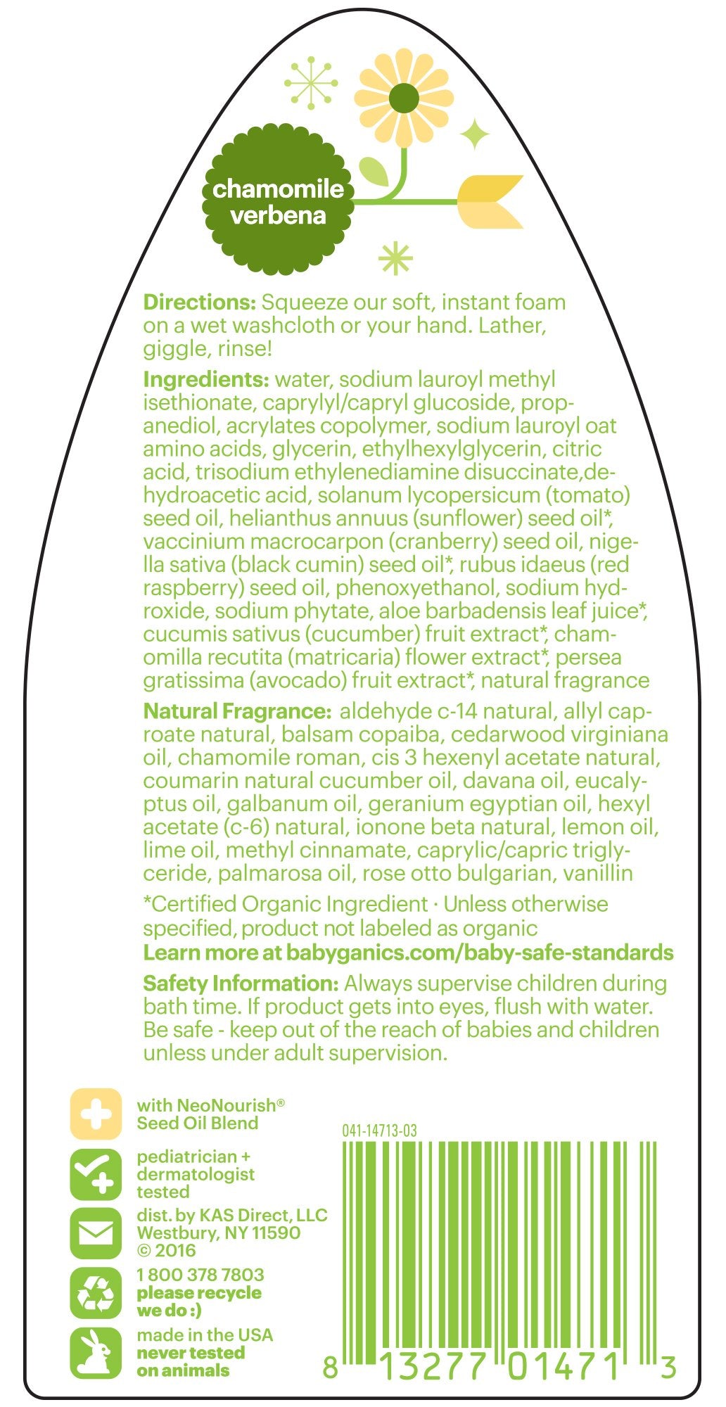 Babyganics Baby Shampoo + Body Wash Pump Bottle, Chamomile Verbena, , 3 Pack, Packaging May Vary