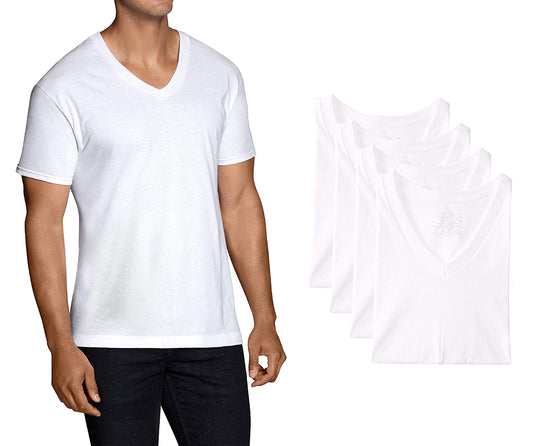 Fruit of the Loom 4-Pack Men's White 100% Cotton V-Neck T-Shirts (Large (Chest 42"-44"))