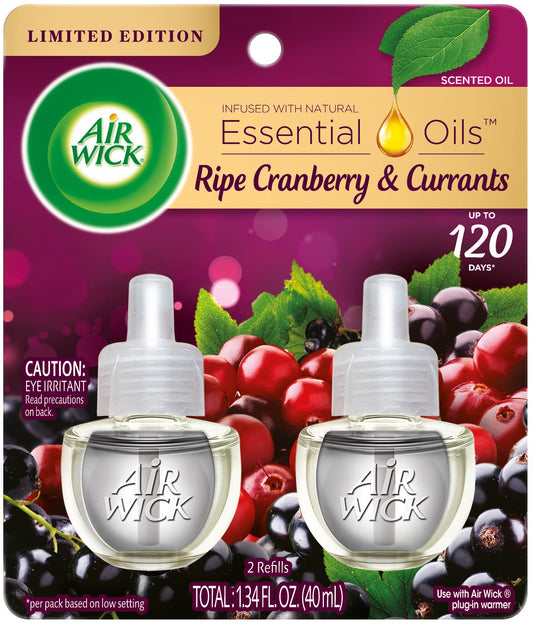 Air Wick Plug in Scented Oil Refill, 2 ct, Ripe Cranberry and Currants, Air Freshener, Essential Oils, Fall Scent, Fall Decor