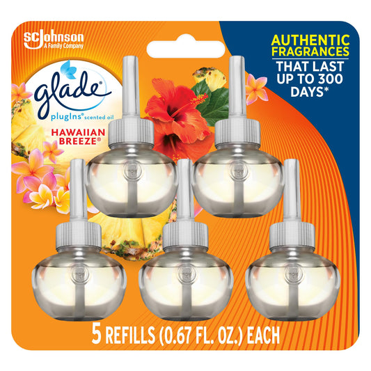 Glade PlugIns Refills Air Freshener, Scented and Essential Oils for Home and Bathroom, Hawaiian Breeze, 3.35 Fl Oz, 5 Count