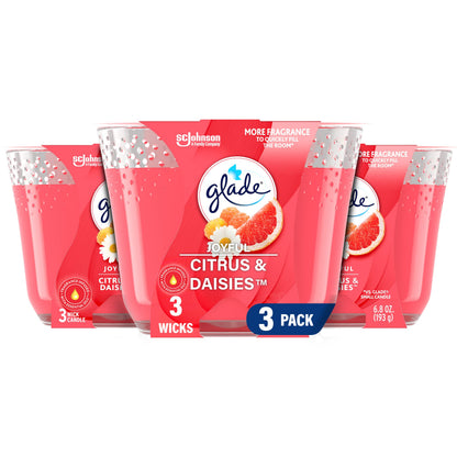 Glade Candle Joyful Citrus & Daisies, Fragrance Candle Infused with Essential Oils, Air Freshener Candle, 3-Wick Candle, 6.8 Oz, 3 Count