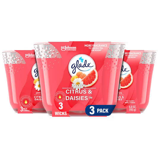Glade Candle Joyful Citrus & Daisies, Fragrance Candle Infused with Essential Oils, Air Freshener Candle, 3-Wick Candle, 6.8 Oz, 3 Count