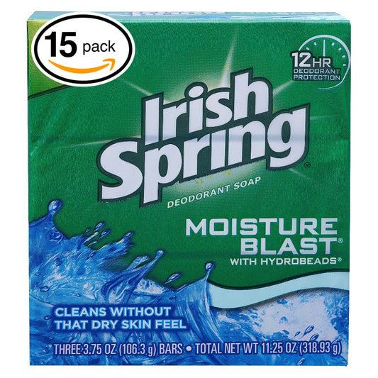 (PACK OF 15 BARS) Irish Spring MOISTURE BLAST SCENT Bar Soap for Men & Women. 12-HOUR ODOR / DEODORANT PROTECTION! For Healthy Feeling Skin. Great for Hands, Face & Body! (15 Bars, 3.75oz Each Bar)