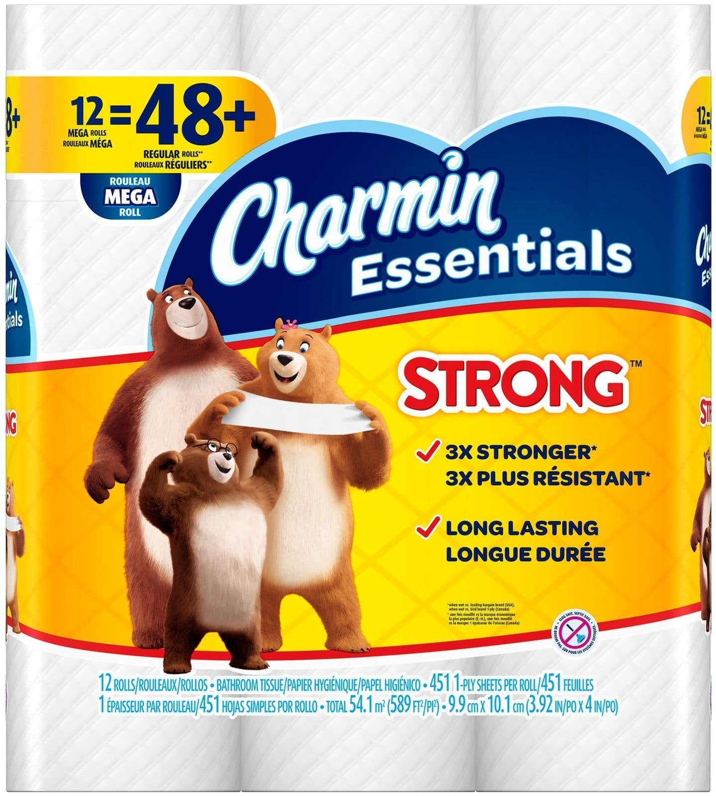 Charmin Essentials Strong Toilet Paper, Bath Tissue, Mega Roll, 12 Count