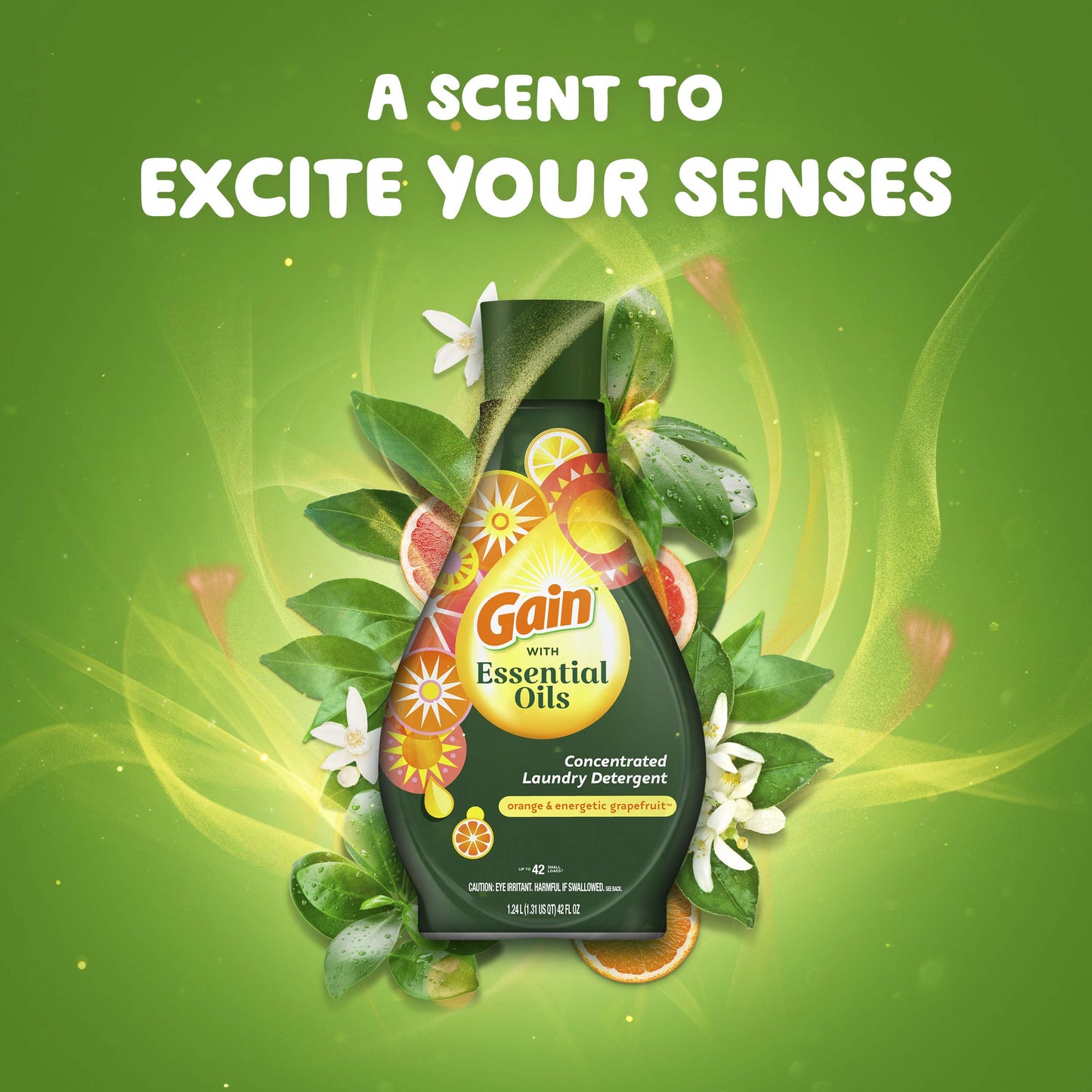GAIN with Essential Oils Liquid Laundry Detergent, The Uplifting Scent, Orange & Energetic Grapefruit, 2 Count